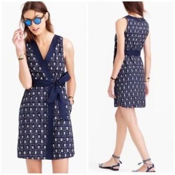 J. Crew Navy Faux Wrap Tie Sleeveless Mini Dress Cotton Linen Trim Ikat Size 2 - Picture 2 of 13